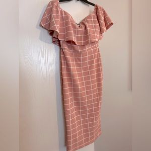 Women’s middi length off the shoulder dress.